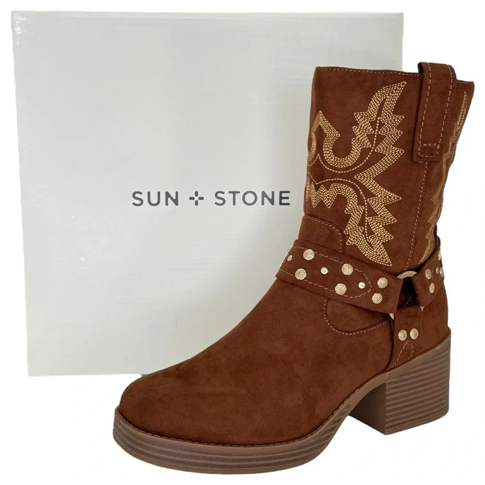Sun + Stone Norahh Brown Microsuede Embroidered Womens Ankle Boots Size 8M - Picture 15 of 15